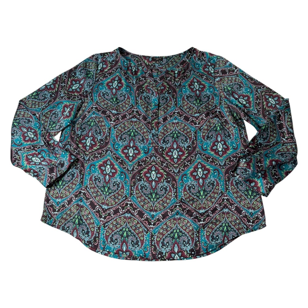 Talbots Woman 1X Teal Purple Paisley Split Neck Long Sleeve Tunic Blouse Autumn